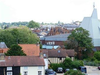 A view east across Hertford from the top of the scaffolding